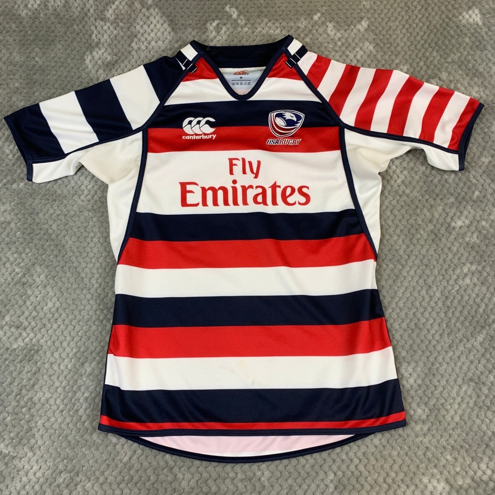 Canterbury USA Rugby Jersey Mens Medium Red White Blue Fly Emirates Striped